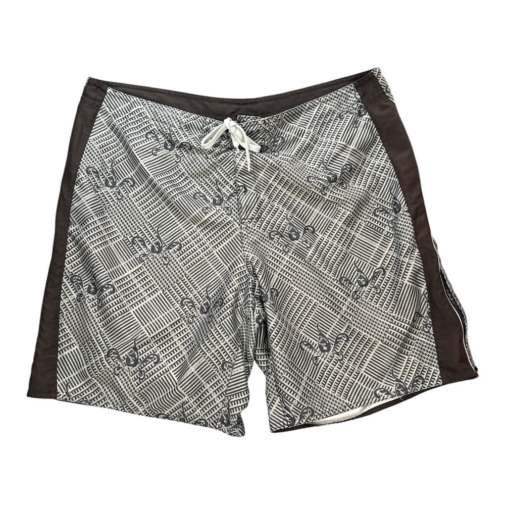 Joe‎ Boxer Mens Board Shorts Octopus Plaid Print Brown White XL